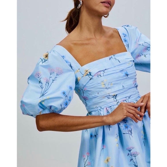 Self-Portrait Watercolour Puff Sleeve Taffeta Blue Floral Midi Maxi Dress 4 S - Picture 13 of 15